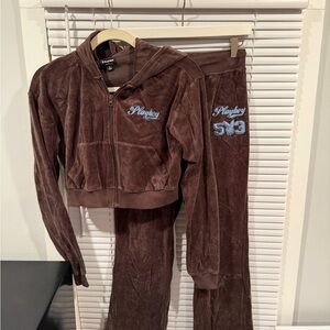 Playboy Chocolate Velour Set with Blue Accents